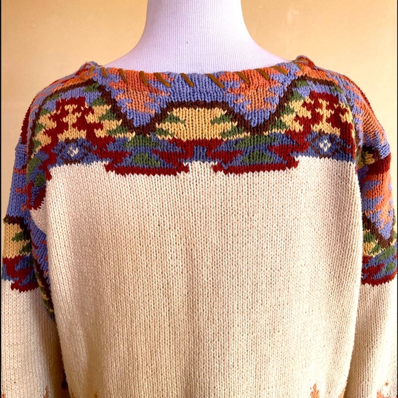 RALPH LAUREN COUNTRY 80’s HandKnit Native American Leather Whip Stitch Sweater M - Picture 7 of 14